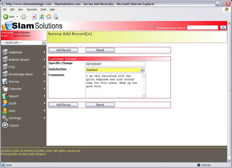 Help Desk Software - Screenshot of the Survey Feature