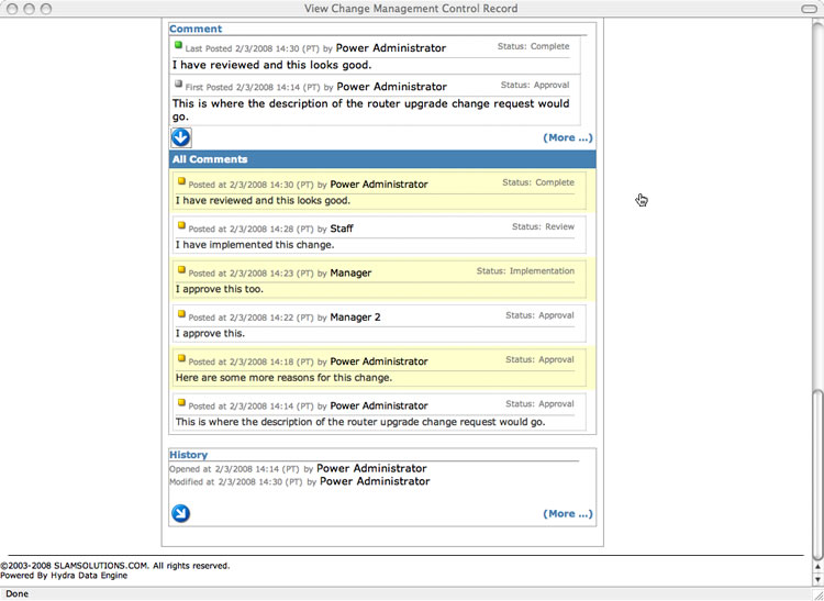 SLAM Change Managment Software - View History