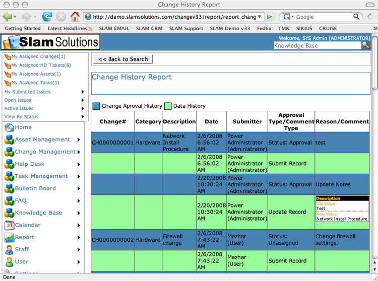 SLAM Change Managment Software - Change Chart Report