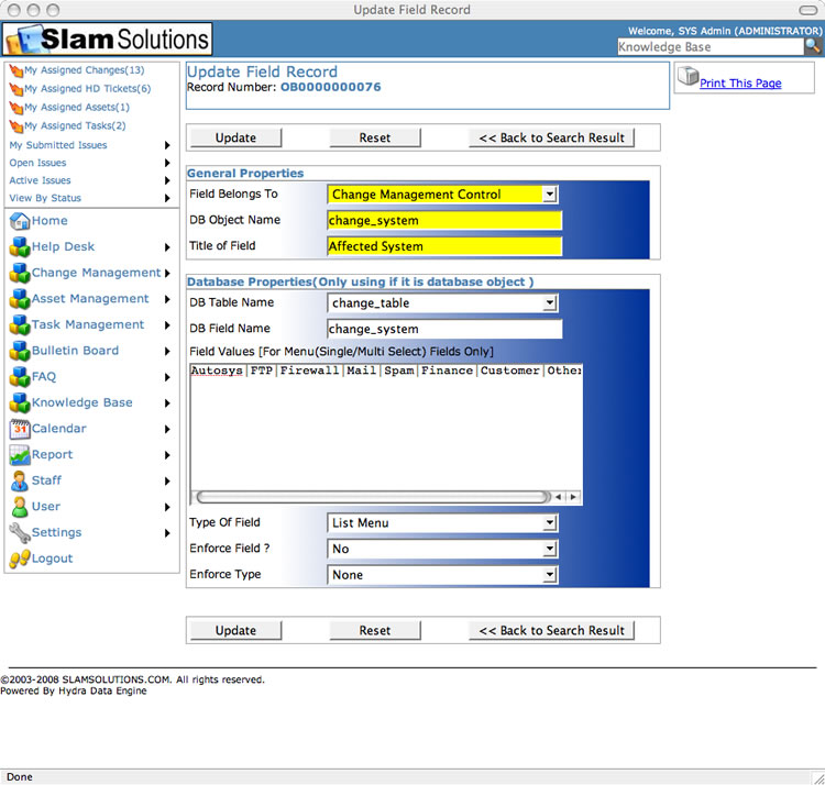 SLAM Change Managment Software - Update Fields - Settings Tool